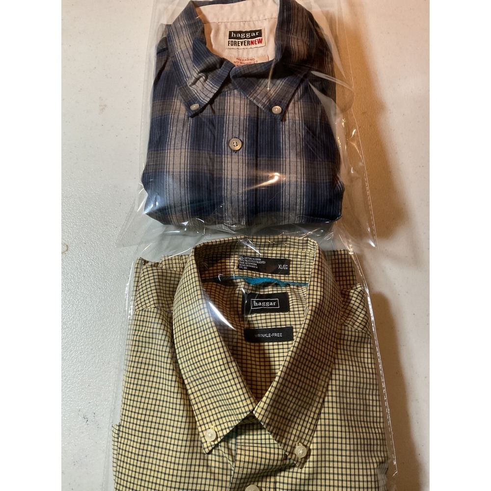 2 Haggar Mens XL Plaid Button Down Shirt Blue Tan Long Sleeve No Wrinkle…